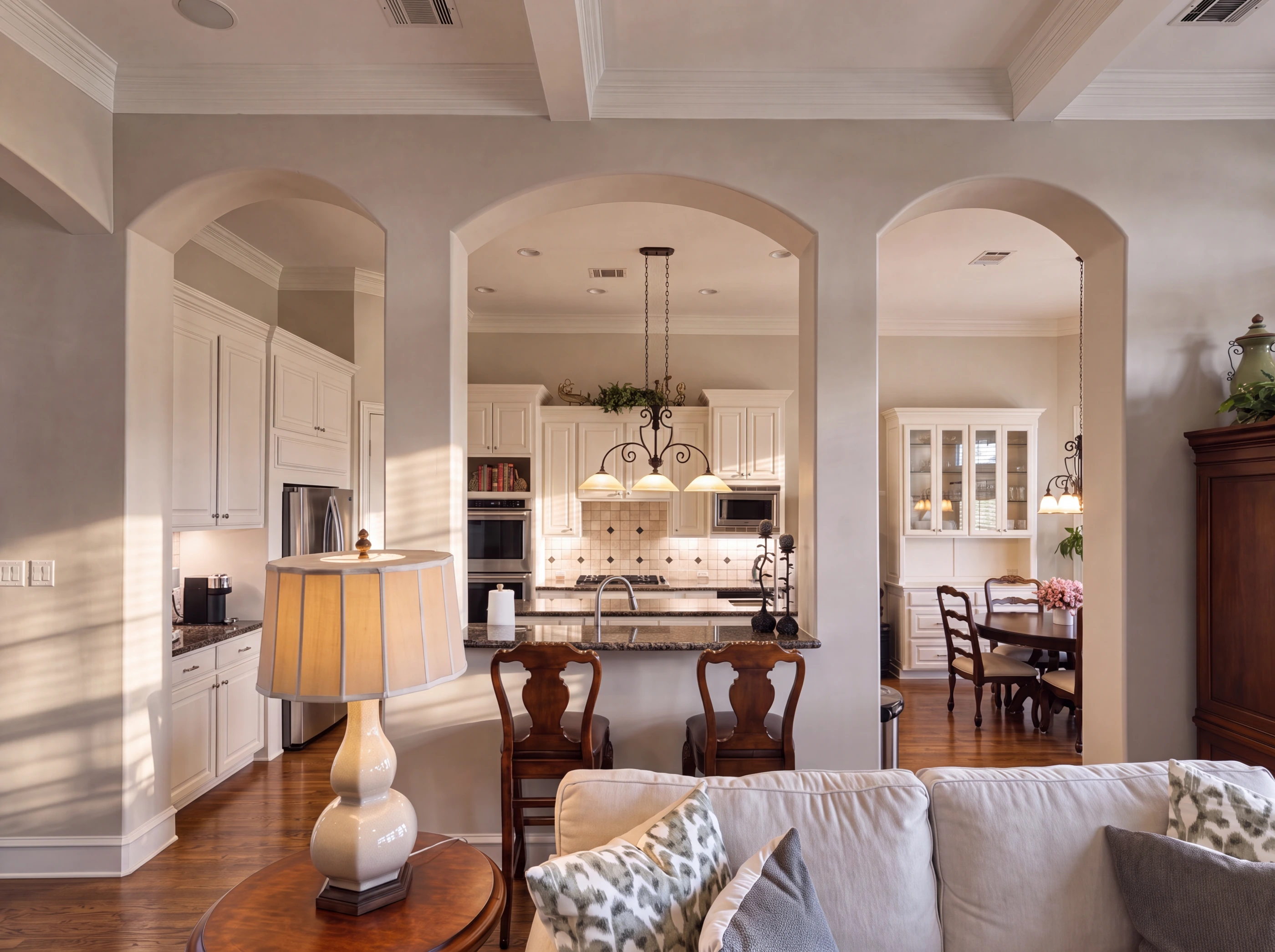 Kitchen with granite island and double ovens